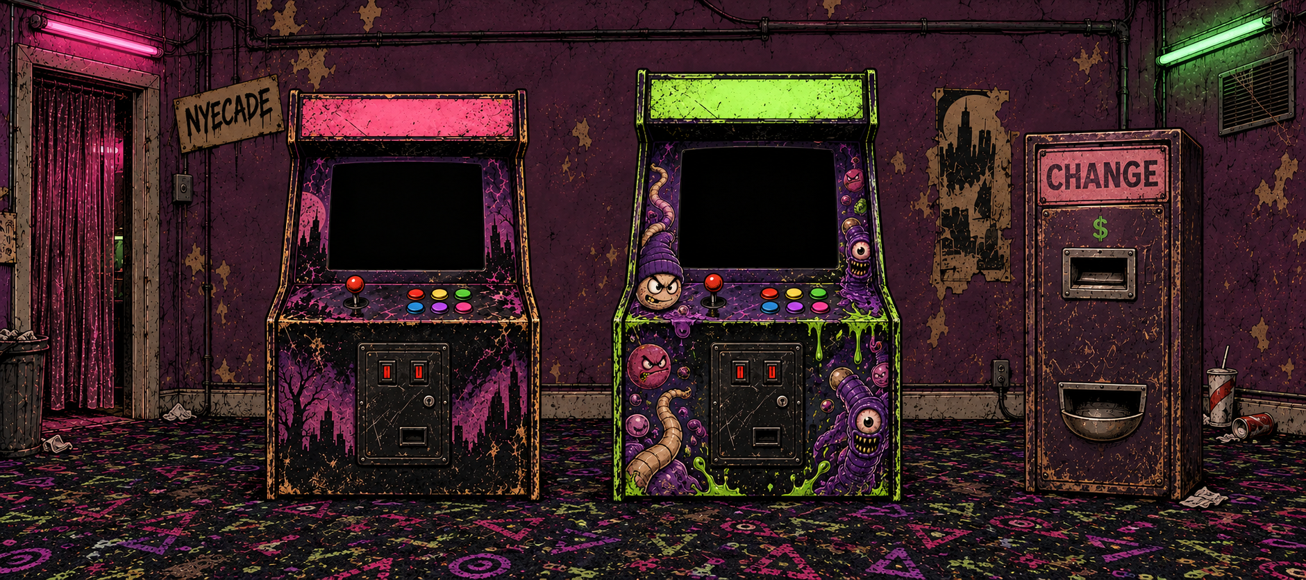 Nye Hard and See Man cabinets beside the purple change machine