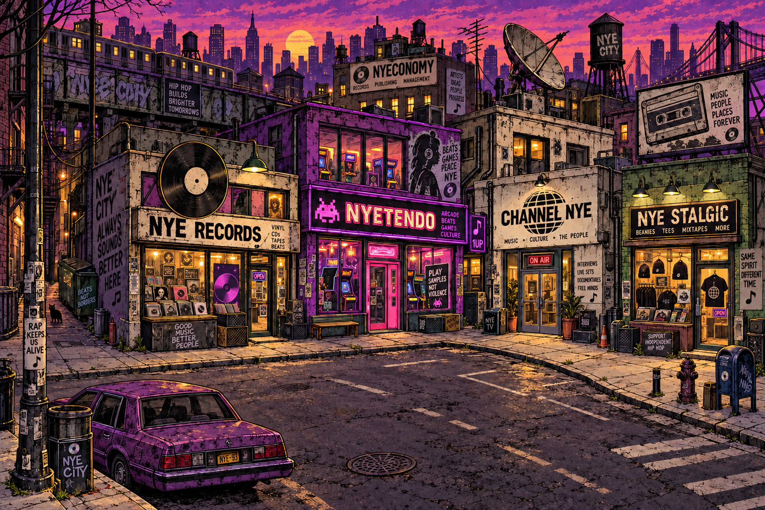 Nye City: a dusty comic neighborhood with a record shop, Nyetendo arcade, Channel Nye television studio, Nye Stalgic merch shop and NYECONOMY headquarters.