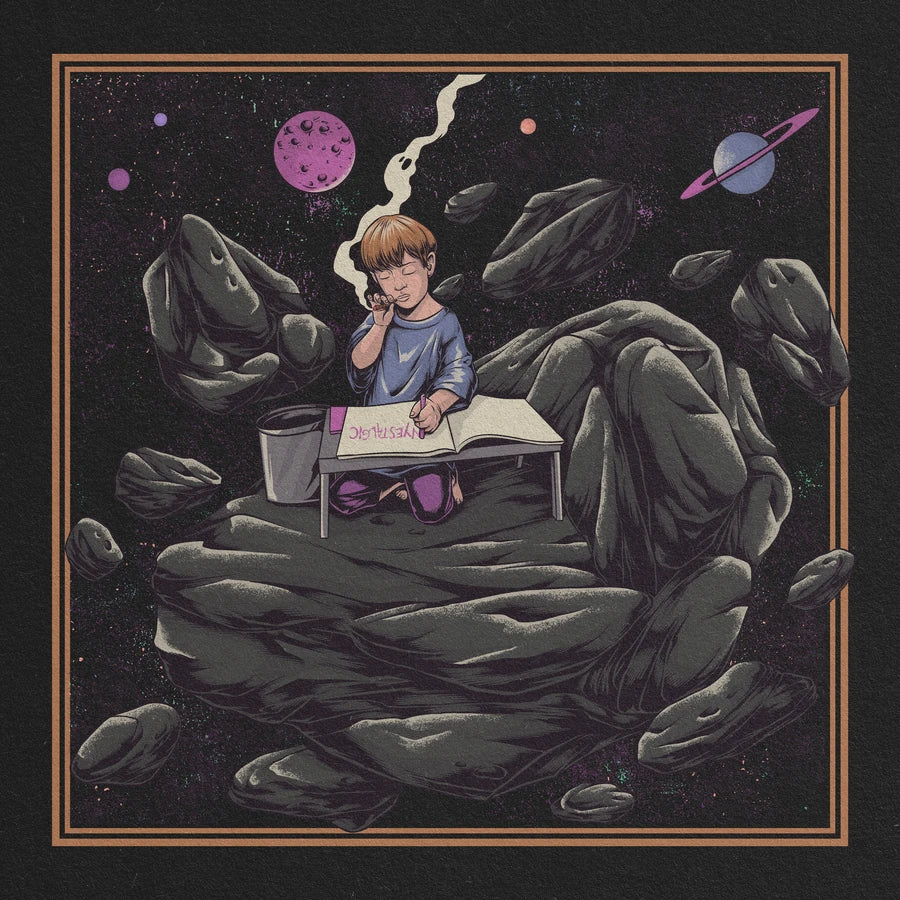 Original Nyestalgic album artwork: a child at a school desk held by enormous stone hands, beneath pink and purple planets