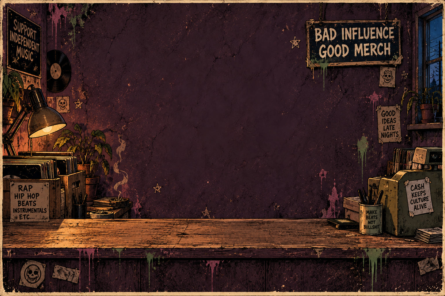 A scuffed purple record-shop counter, an old till, record crates and dripping paint.